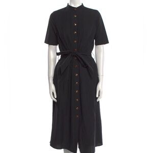 AISH Black Cotton Button Front Dress XS | Tie Neck | Short Sleeve